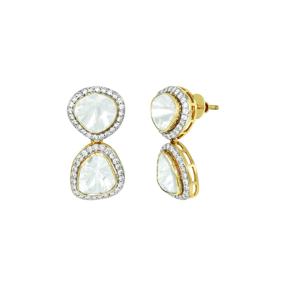 Double Drop Polki Earrings with Diamond Halos